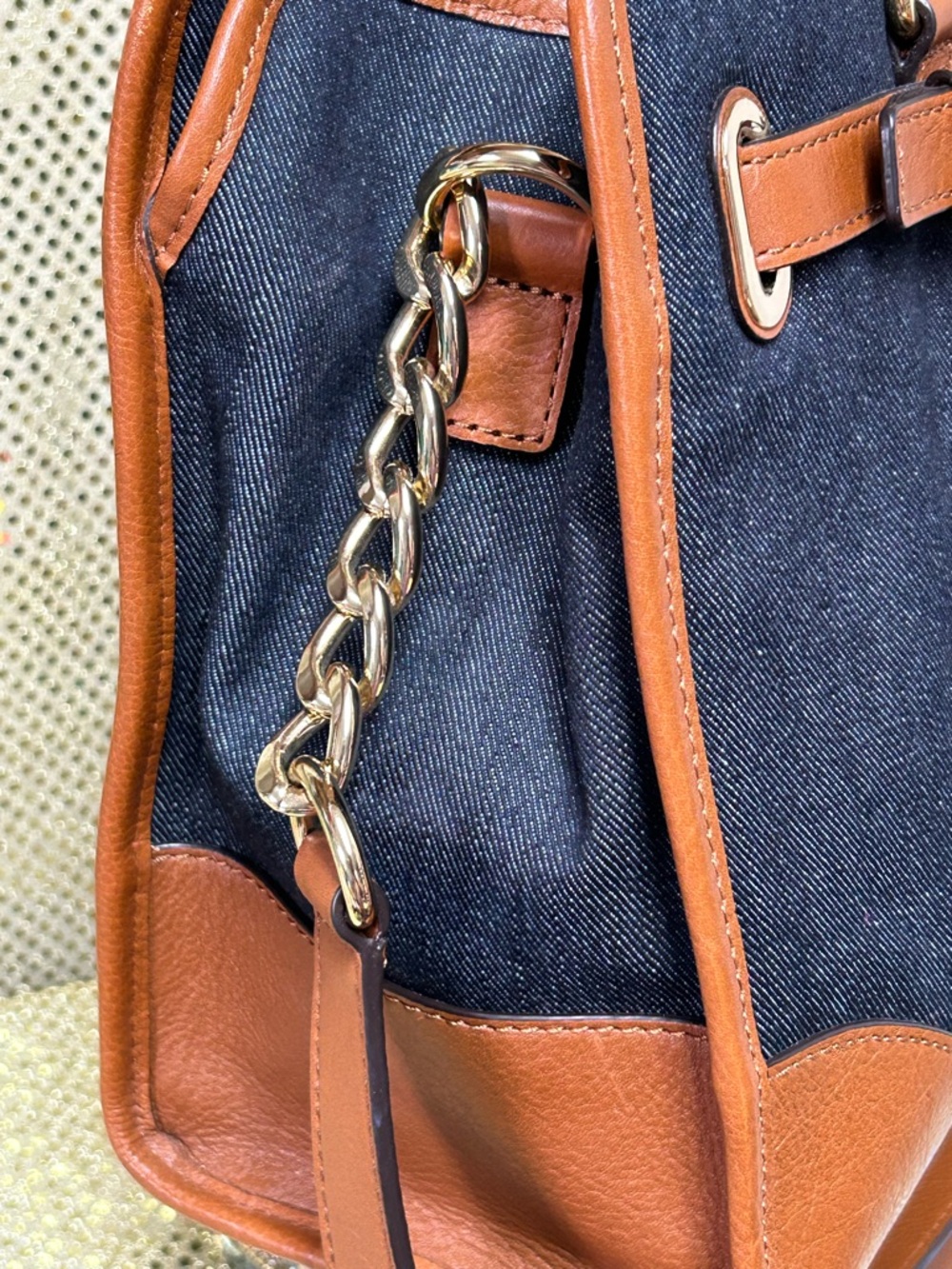 MICHAEL Michael Kors Navy Denim and Brown Leather Tote Approx. 15 x 11 x 4 - Picture 5 of 17